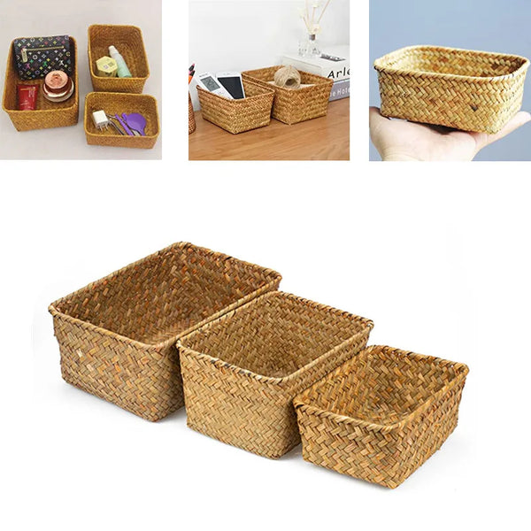 Rectangular Handwoven Natural Seagrass Wicker Storage Basket Home Organizer Bins Eco-Friendly Hamper Clothes Fruit Picnic Basket